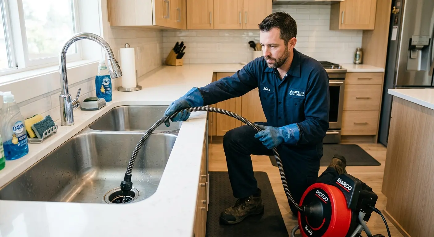 Drain cleaning technician using a motorized snake on a kitchen sink in Sumpter