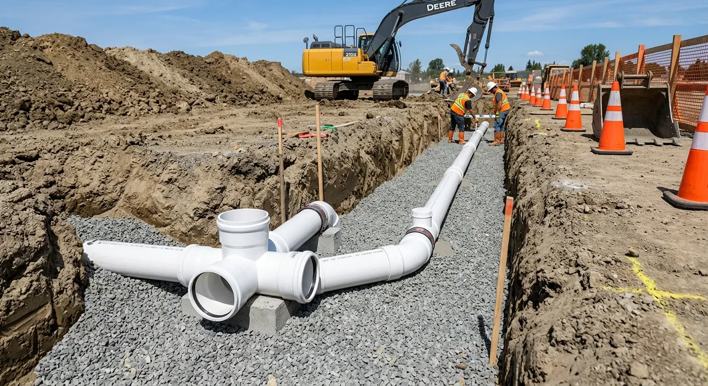 New PVC sewer pipe installation in open trench for Grease Trap Cleaning in Sumpter